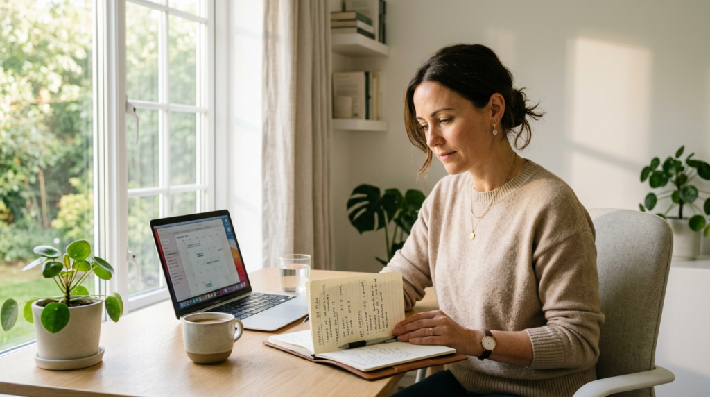 Firefly_Gemini Flash_A professional woman in her late 30s or early 40s working from a bright, minimal home 327316